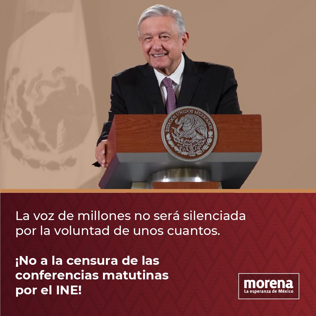 PartidoMorenaMx's tweet photo. Rechazamos los intentos desesperados de una oposición moralmente derrotada para censurar la difusión de las conferencias matutinas del Presidente de la República. Es el derecho a la información veraz y oportuna la herramienta más importante para el despertar de las conciencias https://t.co/taWENsPuIv