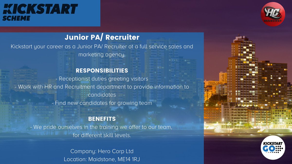 #Kickstart your career as a Junior PA/ Recruiter at a leading sales and marketing agency <a href="/HeroCorpUK/">HeroCorp</a> ⭐️  

Full job description ➡️  buff.ly/3D0f7AT

Talk to your Work Coach to apply. Exclusively for 16 - 24 year olds on #UniversalCredit  🙌

<a href="/JCPinKent/">JCP in Kent</a> #KentJobs