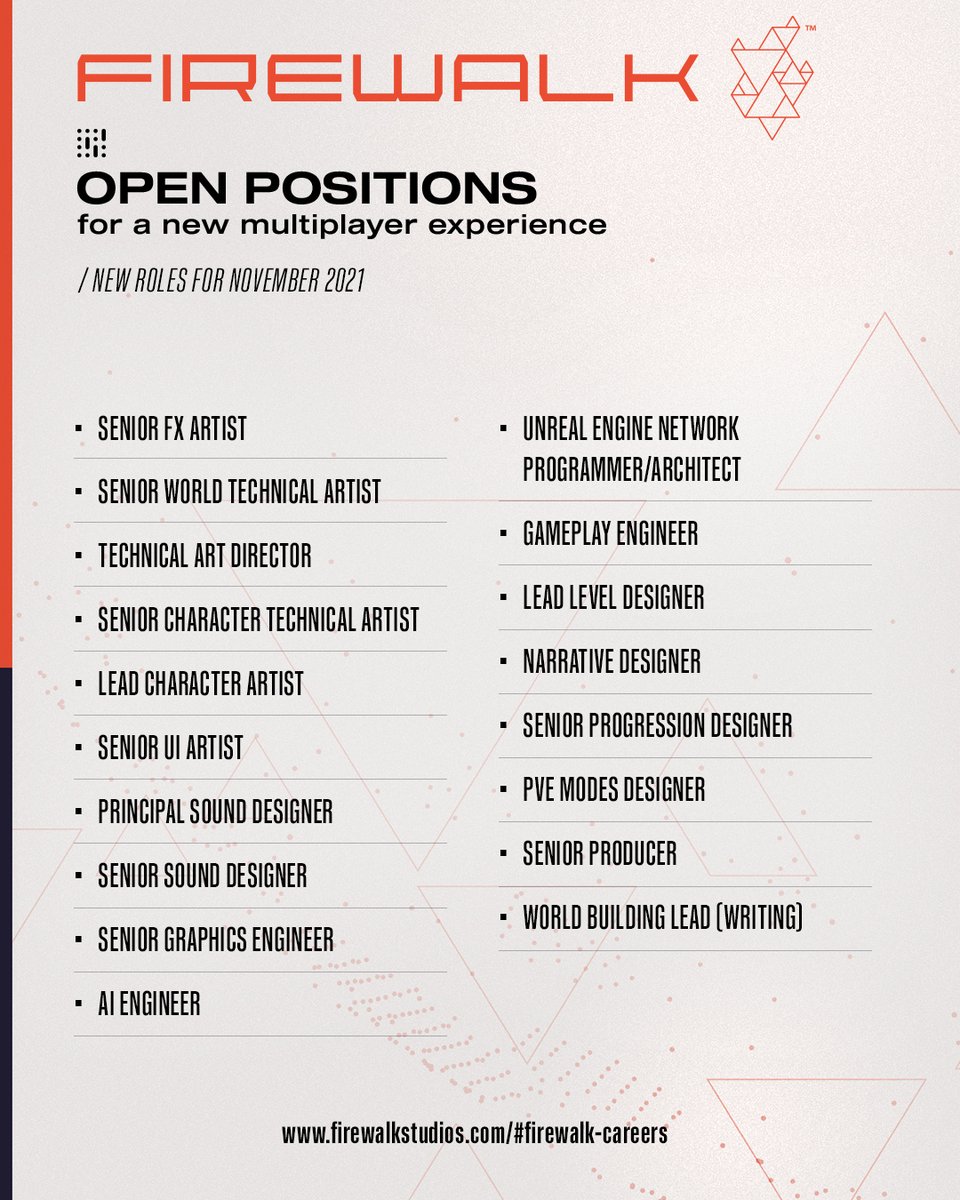 Do you want to build an amazing new multiplayer experience? Check out our open positions at Firewalk for November, and apply today! ow.ly/uFw550GIRYO