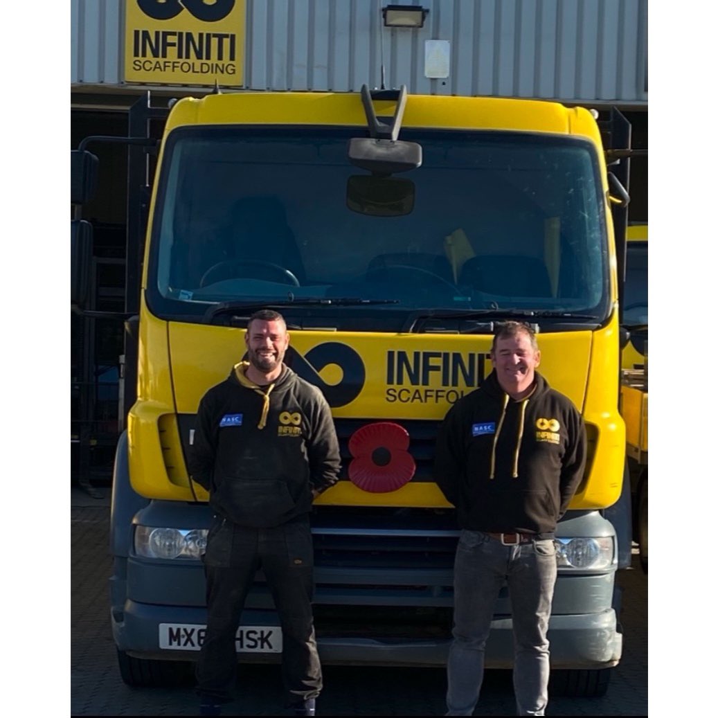 infinitiscafold's tweet photo. Infiniti Scaffolding are proud to be supporting Remembrance Day, Thank you @NASCscaffolding for the poppies. Two of our scaffolders who are ex-forces are pictured with one of our vehicles #NASCremembers https://t.co/4oHVW3Ctqf