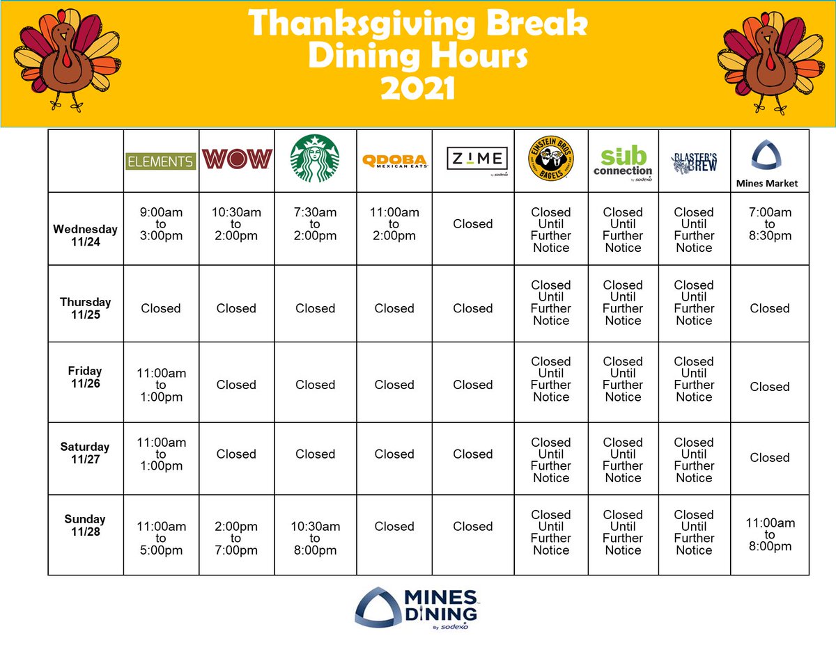 Thanksgiving is just around the corner! Take a look at the campus dining hours and stay tuned for our dining tip guide of you are staying on campus!
#minesdining #coloradoschoolofmines #orediggers #thanksgiving