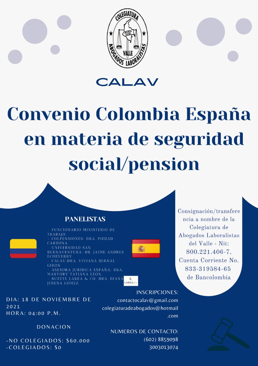 CalavL's tweet photo. LA COLEGIATURA DE ABOGADOS LABORALISTA DEL VALLE DEL CAUCA - CALAV, invitan al conversatorio virtual del convenio Colombia España en materia de seguridad social/pensión.

Donación: No colegiados $ 60.000
Colegiados: 0 https://t.co/ITsWGJNXw7