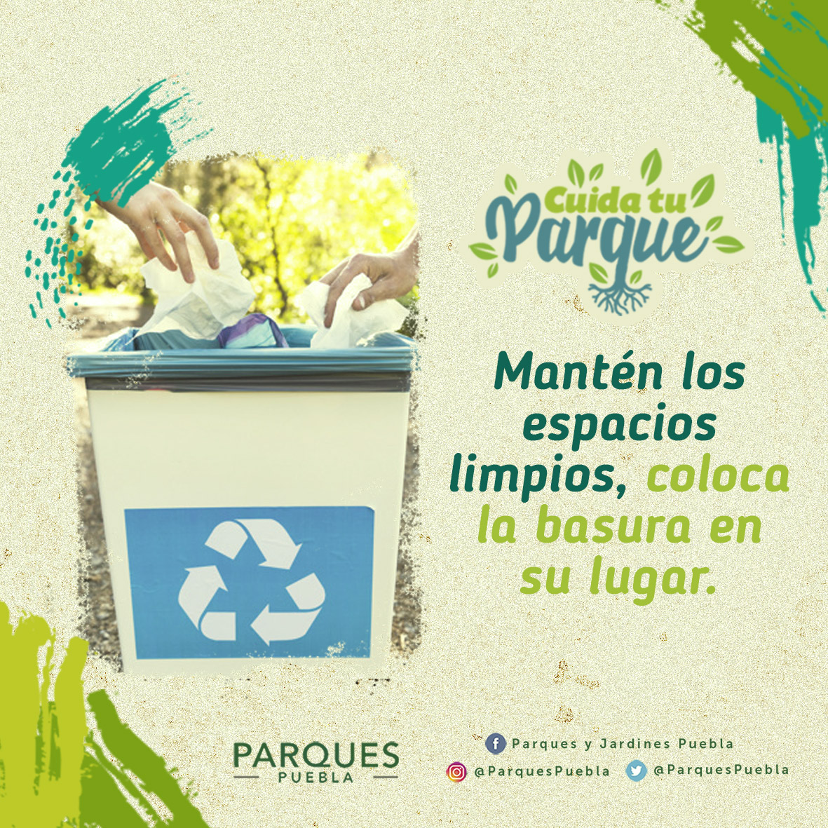 ParquesPuebla's tweet photo. #CuidaTuParque Ayúdanos a mantener las áreas limpias, deposita la basura en su lugar.🗑 https://t.co/QtP2y3APcF