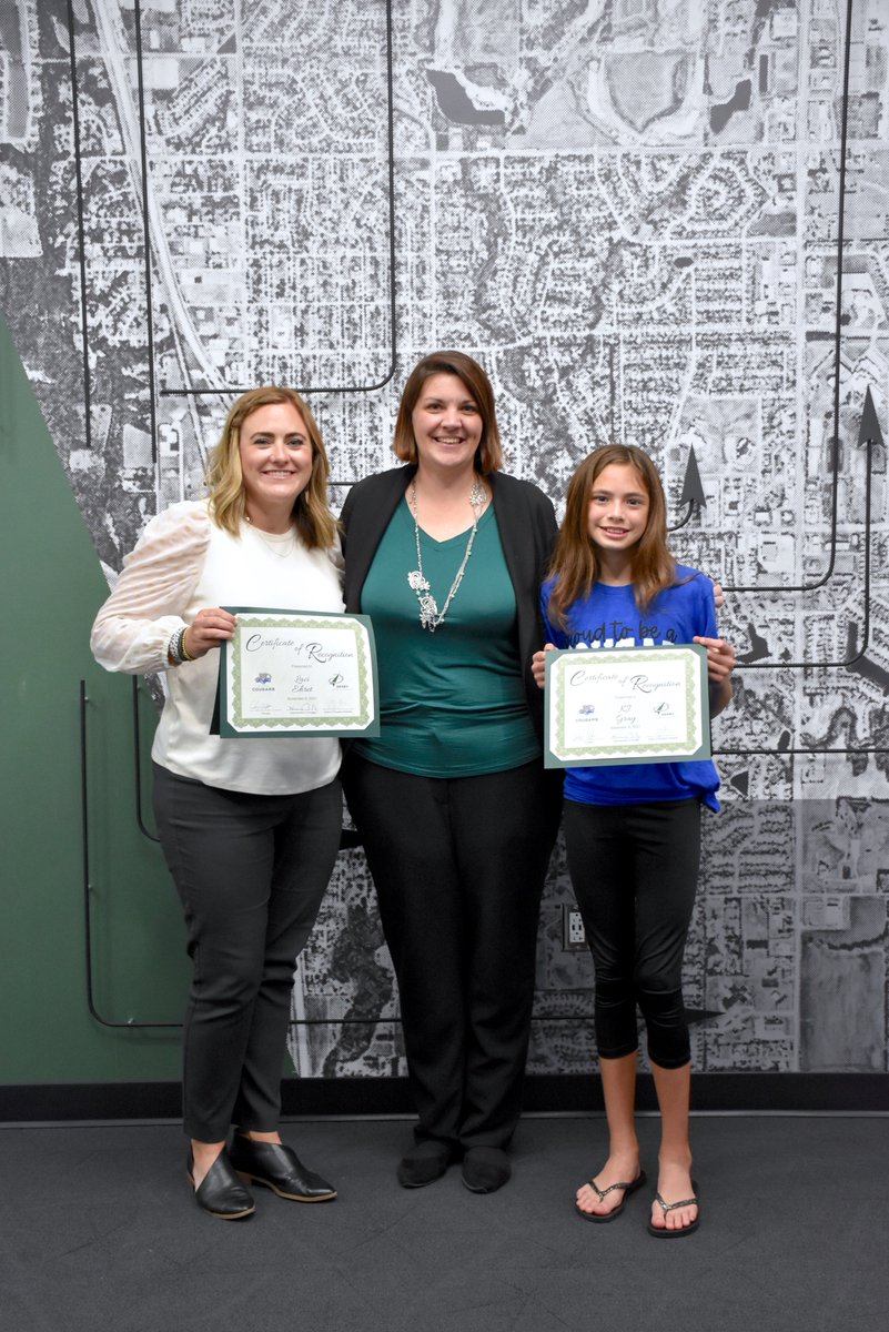 At the November 8 Board of Education meeting, Principal Ashley Wagner recognized El Paso Elementary fifth-grade student KJ Gray and parent volunteer Laci Ehret. #DerbyProud

Pictured left to right: Laci Ehret, Principal Ashley Wagner and KJ Gray. <a href="/ELCougars/">El Paso Cougars</a>