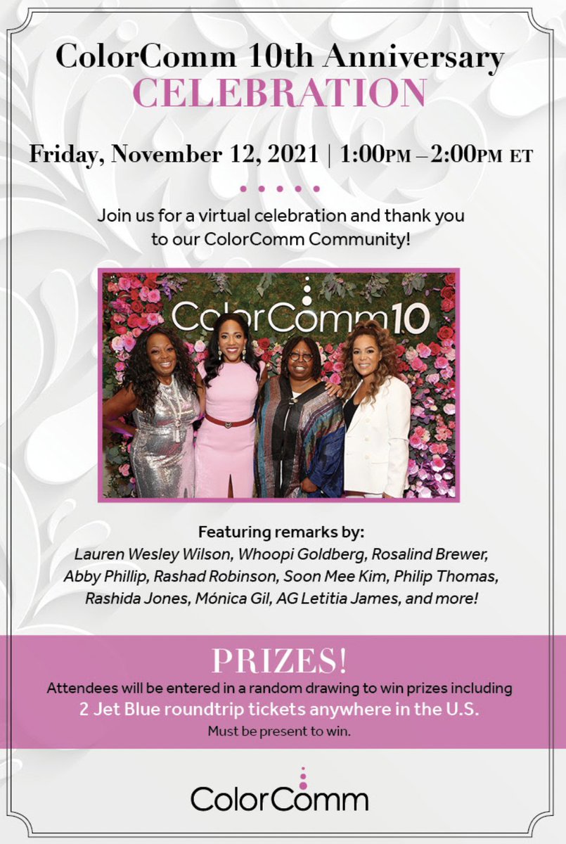 We're celebrating a decade of #ColorComm!  Join us for ColorComm's 10th Anniversary Virtual Celebration on Friday, Nov. 12 at 1 PM ET! Hear remarks &amp; enter to win prizes. #ColorComm10 

RSVP: bit.ly/3qjWHaD