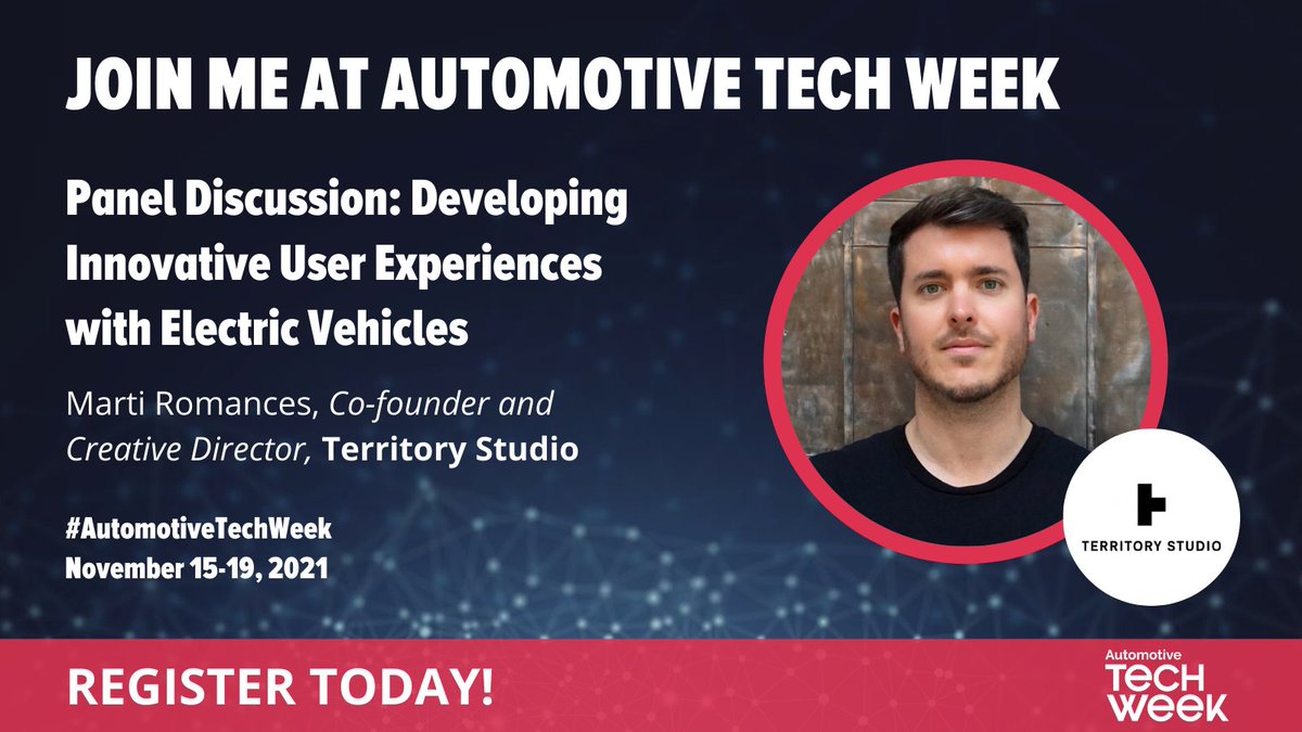 WardsAuto's tweet image. Join Marti Romancesfrom #TerritoryStudio at #AutomotiveTechWeek in Novi, MI &amp;amp; online for his session on #UX with #EVs this November 15 - 19!

Secure your spot today &amp;gt; bit.ly/2ZIsc