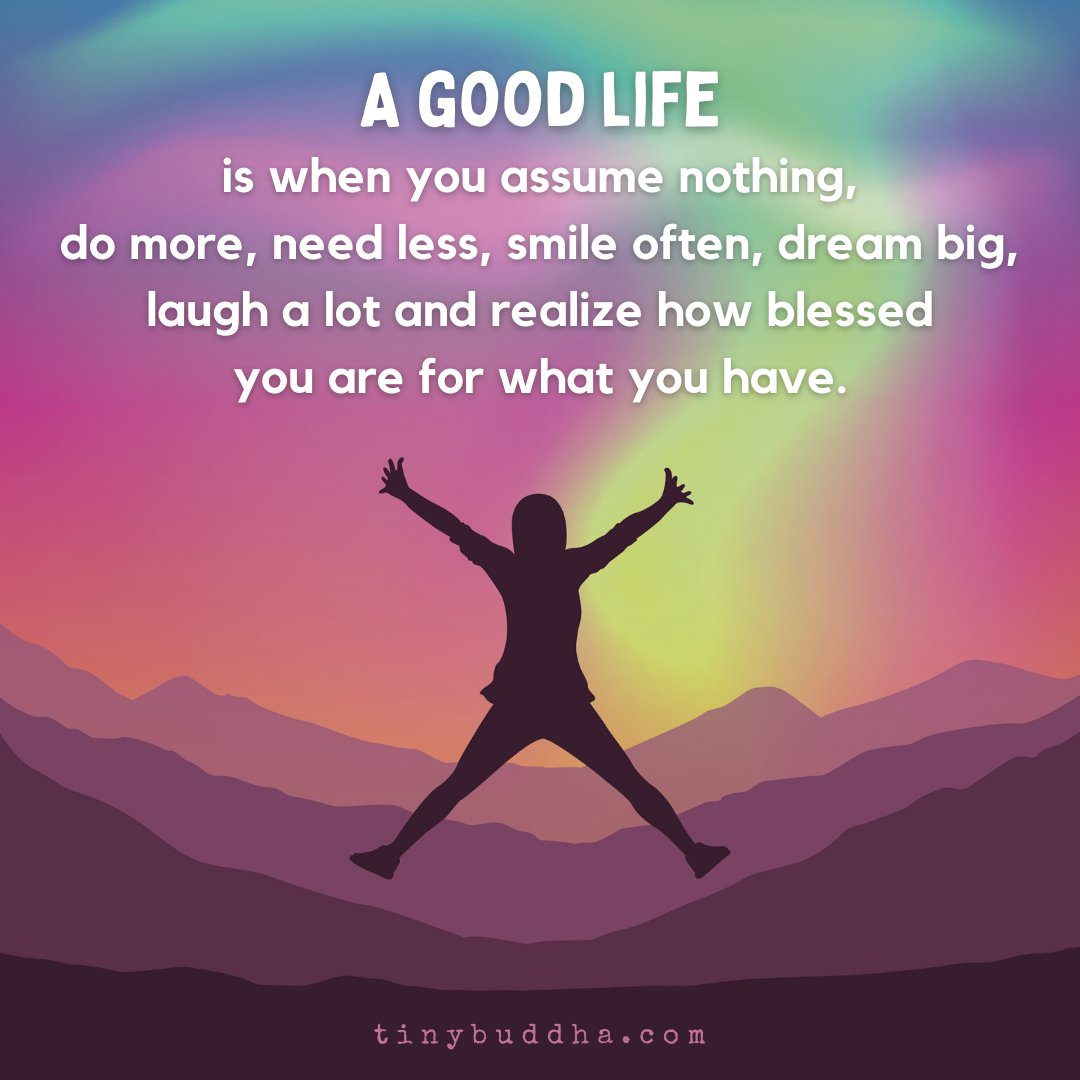 tinybuddha's tweet photo. A good life is when you assume nothing, do more, need less, smile often, dream big, laugh a lot and realize how blessed you are for what you have. https://t.co/ORZU5afMop