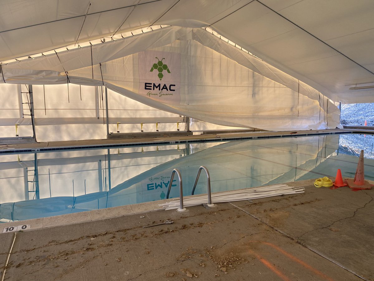 EMAC_Swim's tweet photo. Less than 48 hours apart!  Beams will be installed as supports between interior snd exterior layers behind logo.  @EmmausSwimming #theHIVE #HIVE365 https://t.co/qasip5XDsm