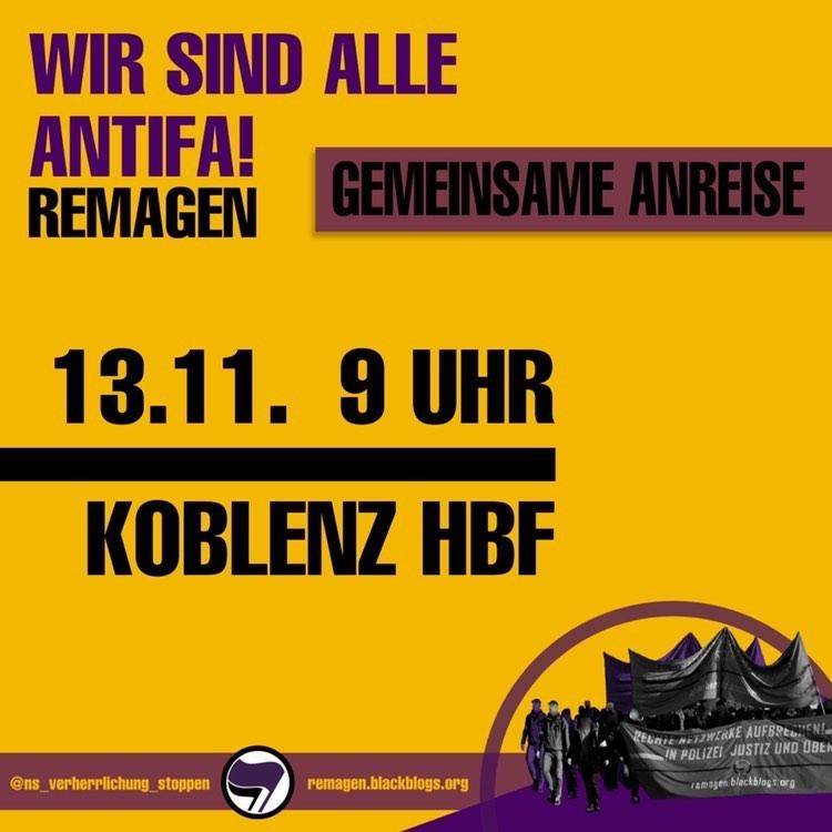 NS_stoppen's tweet photo. ++Gemeinsame Anreise aus Koblenz++

Von Koblenz aus wird es am Samstag eine gemeinsame Anreise nach Remagen geben! Um 9 Uhr wird sich dort am Hauptbahnhof getroffen!
#rmg1311 #remagennazifrei #remagen #nsverherrlichungstoppen #wirsindalleantifa #antifa #koblenz https://t.co/ueovcTRXxW