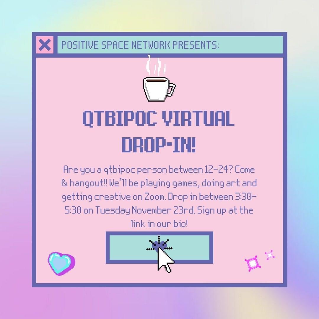 We’re so excited to let you all know that we’re having our first virtual QTBIPOC drop-in on November 23rd! It’s going to be so much fun, we can’t wait to hangout and create a super chill space for all our amazing QTBIPOC friends. Register at the link in our bio 🥰✌🏽