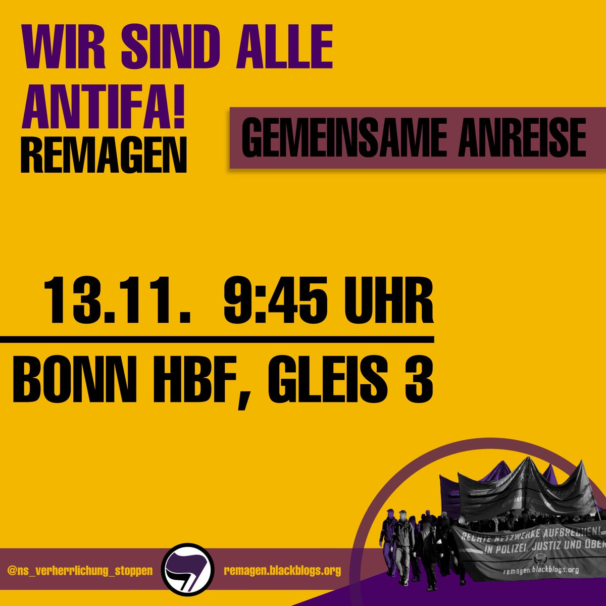 Wir fahren am Samstag alle gemeinsam nach Remagen! Kommt um 9:45 Uhr auf Gleis 3 am Bonner HBF! Mehr Infos gitb es bei @NS_stoppen #rmg1311 #remagen #nsverherrlichungstoppen #remagennazifrei