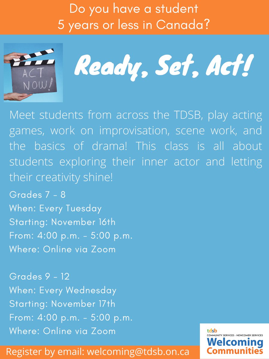 welcome_tdsb's tweet photo. Teachers - do you have newcomer students who would benefit from a little extra curricular activities? Need help making some friends? Tell them about afterschool improve classes! Email us to register! @tdsb @TDSB_CS @TDSB_Arts #tdsbnewcomerstudents https://t.co/baeYLp4ODT