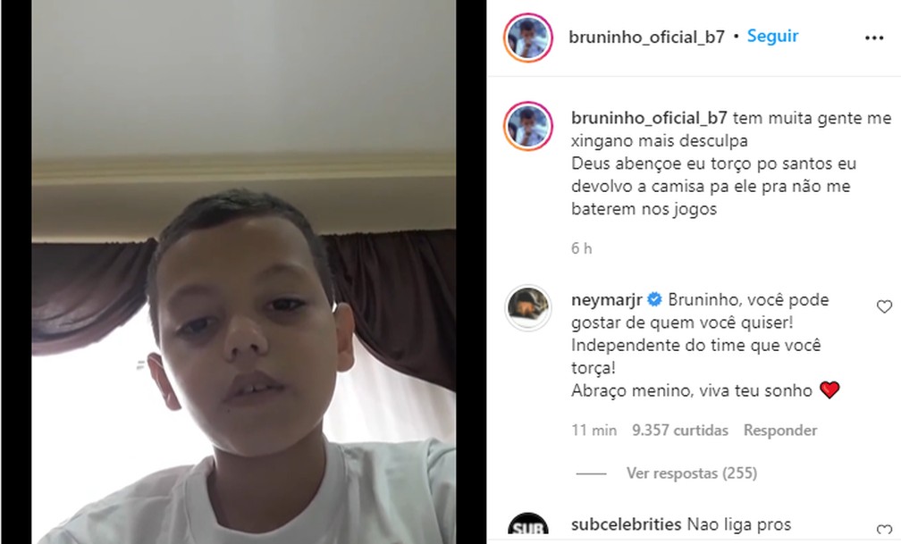 geglobo's tweet photo. Neymar envia mensagem para Bruninho, pequeno torcedor do Santos hostilizado: "Você é gigante" https://t.co/E4O3sdOn2B https://t.co/JLuDYpxJVV