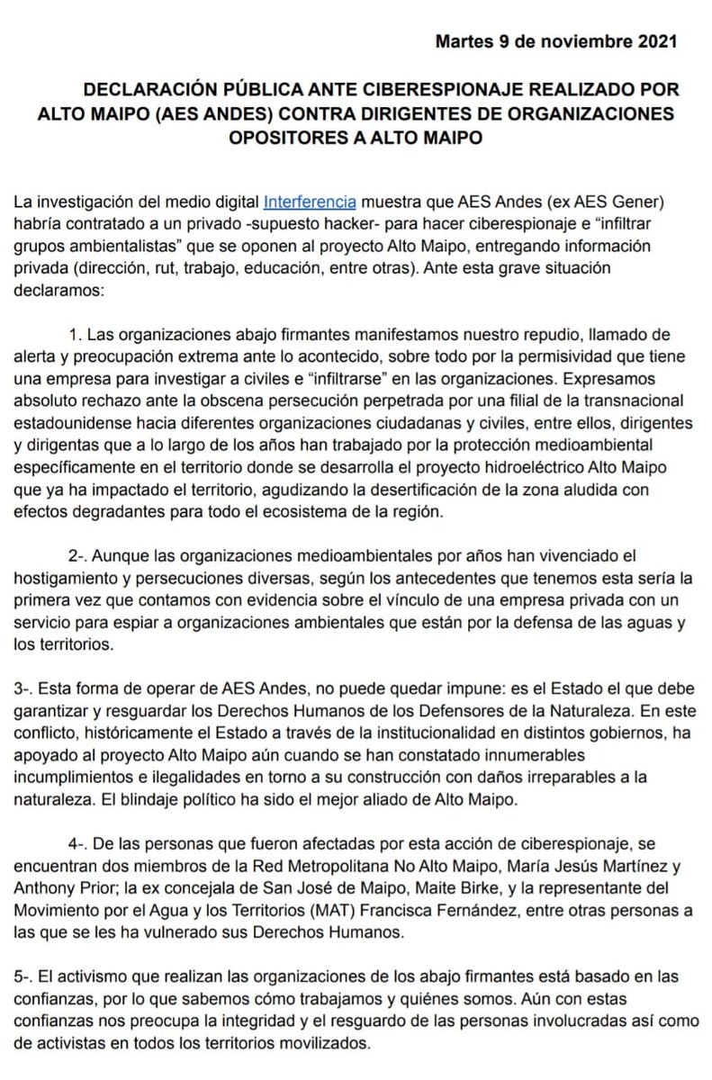 TVMAIPO's tweet photo. Declaración ante espionaje de #AES #AltoMaipo
"No nos van a amedrentar, seguimos unidos y con la fuerza de las aguas y la vida fluyendo en nuestros corazones. Hacemos un llamado a todas las y los defensores de los distintos territorios a seguir luchando por la justicia social" https://t.co/GJyUtuxolT
