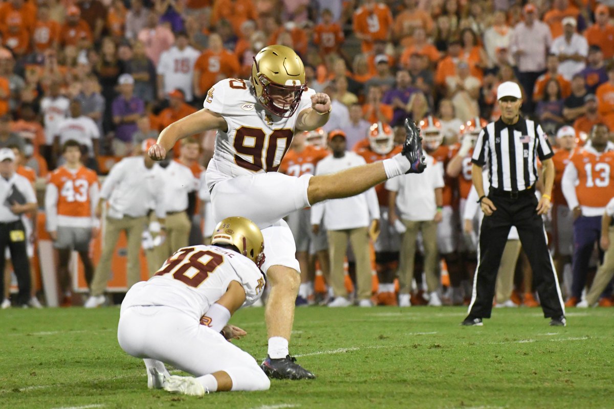 Boston College PK Connor Lytton is one of four ACC kickers this year with at least 8 attempts and a FG% north of 80.

Of that group, he has the longest make (a 49-yarder).

Lytton is 7-of-8 (87.5%) on the season and a perfect 17-of-17 on PATs.

📷 <a href="/HagyPhoto/">Adam Hagy</a>