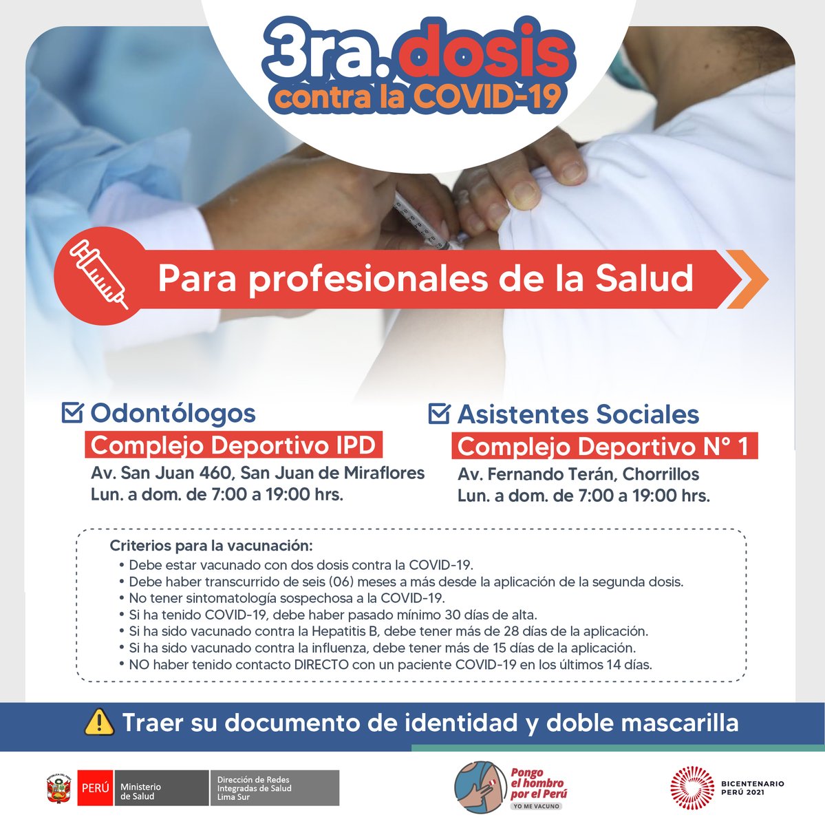 DIRISLimaSur's tweet photo. #DosisDeRefuerzo 💉 | Vacunación con la tercera dosis contra la COVID-19 para los profesionales #Odontólogos y #AsistentesSociales de Lima y Callao. 📣
Tener en cuenta los criterios para la vacunación 👇

#MeVacunéEnLimaSur #Odontólogo #AsistenteSocial https://t.co/YWrBmavGE5