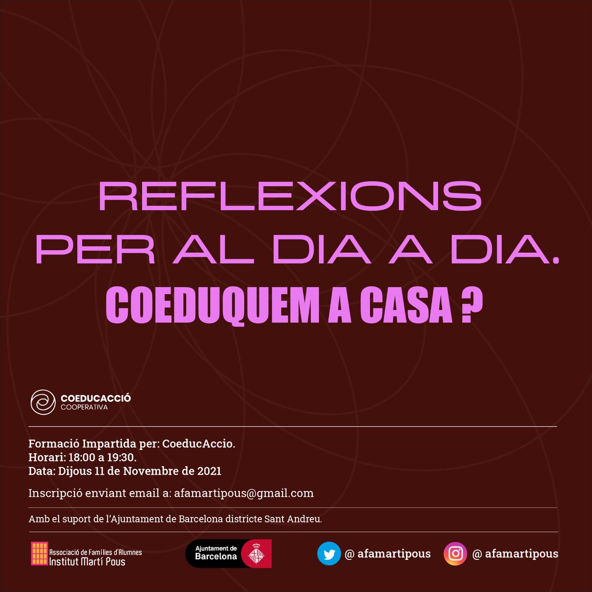 📢 ACTIVITATS PER A FAMÍLIES!
👉 Dijous 11 a les 18h
👉 Formació presencial a l'<a href="/instmartipous/">Institut Martí Pous</a> 
👉 Inscripcions enviant correu a: afamartipous@gmail.com 

#aixòensinteressa
#coeducació
