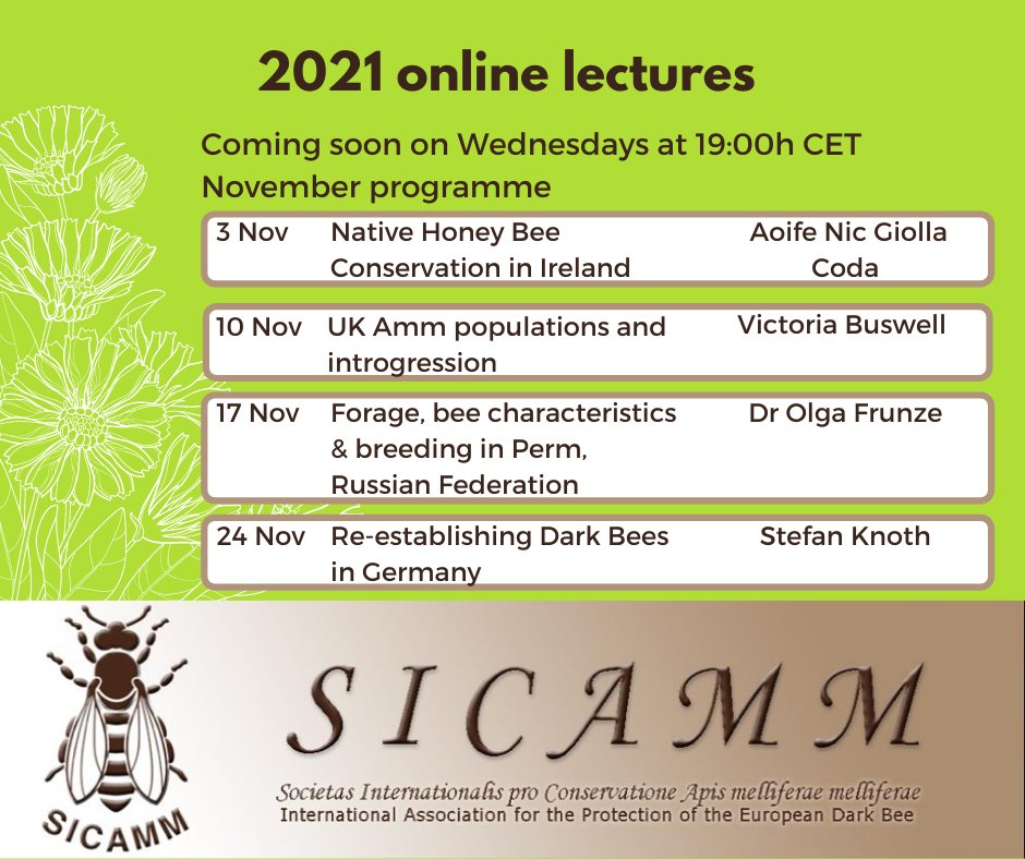 SicammF's tweet photo. SICAMM's exciting November programme. 
Register and log in on https://t.co/dNPbm88crW
We record all our talks and Q&amp;A sessions so you can watch them later, but please allow a week before trying. Thank you! #bees #nature #conservation #lectures #Science #research #beekeeping https://t.co/kgTTut05oZ