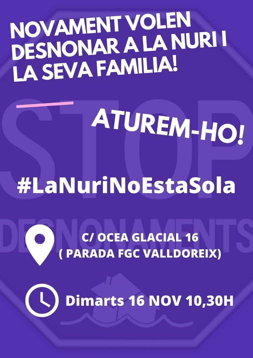 🔴 Dimarts que ve intentaran tornar a desnonar a la nostra companya Nuri. Ja ho van intentar fa uns mesos i gràcies a la solidaritat el vam poder aturar. Un altre cop, caldrà més solidaritat que mai per aturar-ho!

Seguirem lluitant per un habitatge digne! ✊

#LaNuriEsQueda