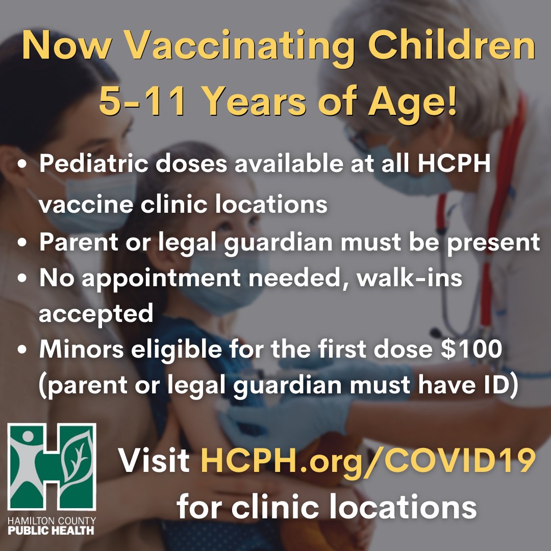 We're now vaccinating ages 5 and up! 

Check out HCPH.org/COVID19 for locations/times for our clinics. Minors are eligible for the $100 first dose incentive with parent/legal guardian (with ID). 

(re-post with updated/corrected graphic)