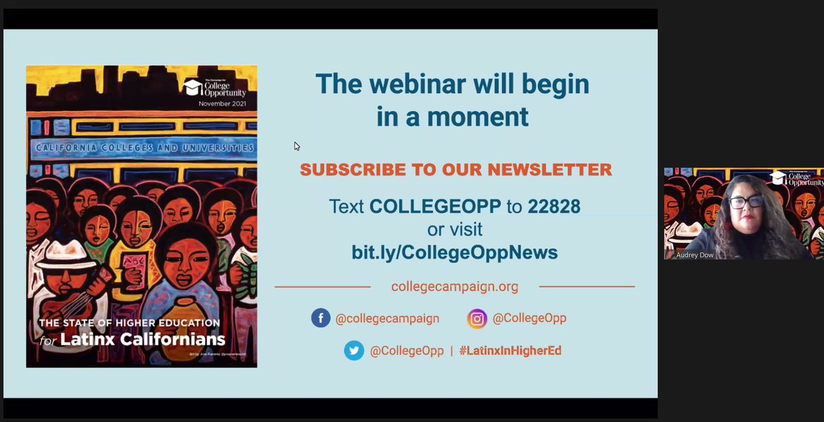 CollegeOpp's tweet image. Thank you for joining us for an overview of our 2021 State of Higher Education for Latinx Californians, in which we will be covering college preparation, access &amp;amp; success for Latinx residents and actions to support Latinx student success. Follow along using #LatinxInHigherEd