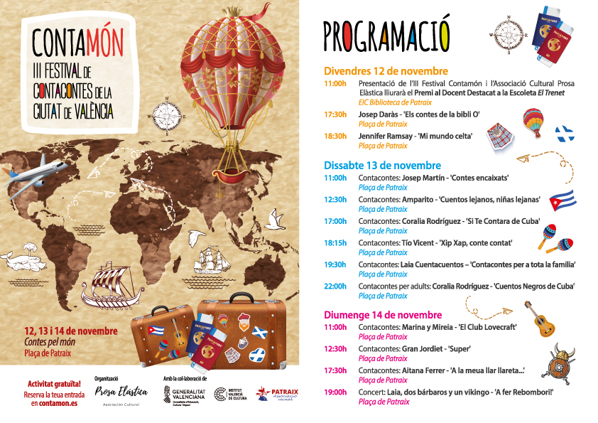 Aquest cap de setmana, torna el Festival de Contacontes de la Ciutat de València, #CONTAMÓN 🥳

📢Del 12 al 14 de novembre.
👉Programació i inscripcions gratuïtes: contamon.es
📍 Plaça de Patraix

Amb la col·laboració de l'Institut Valencià de Cultura i <a href="/AVPatraix/">Associació Veïnal Patraix</a>