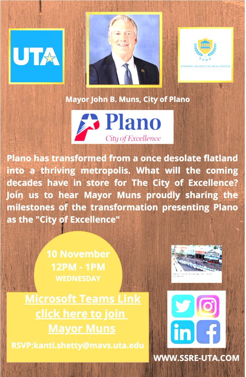 UtaReal's tweet image. Join us tomorrow at 12pm on Teams to hear from the great Mayor of Plano, John B Muns.