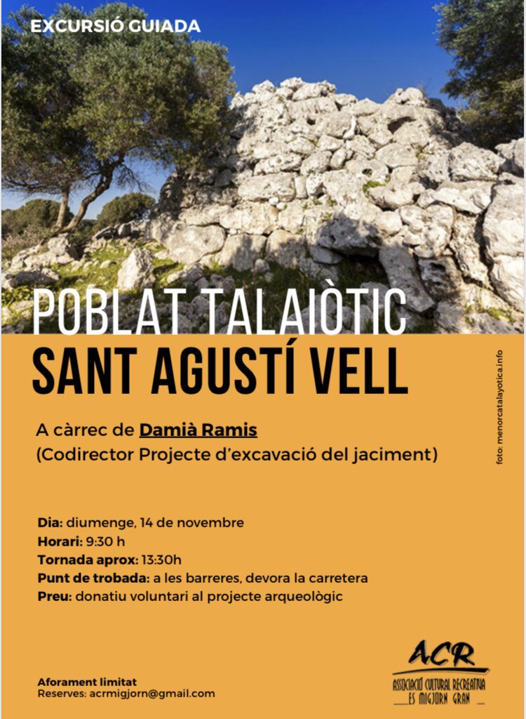 Proper dissabte <a href="/ACRMigjorn/">ACR Migjorn</a> organitza la sortida al poblat talaiotic de St Agustí cc/ @McarretonMiguel <a href="/allesraquel/">Raquel Al·lès</a> <a href="/angelatriay/">Àngela Triay ☮️</a> <a href="/la_mar_neta/">sosposidònia Menorca</a> @MiquelTruyol <a href="/oribara/">Oriol Baradad</a> <a href="/Mtalaiotica/">Menorca Talaiòtica</a> <a href="/CaminsFerreries/">Camins Ferreries</a> <a href="/jmhuguetpons/">Josep M Huguet Pons</a>