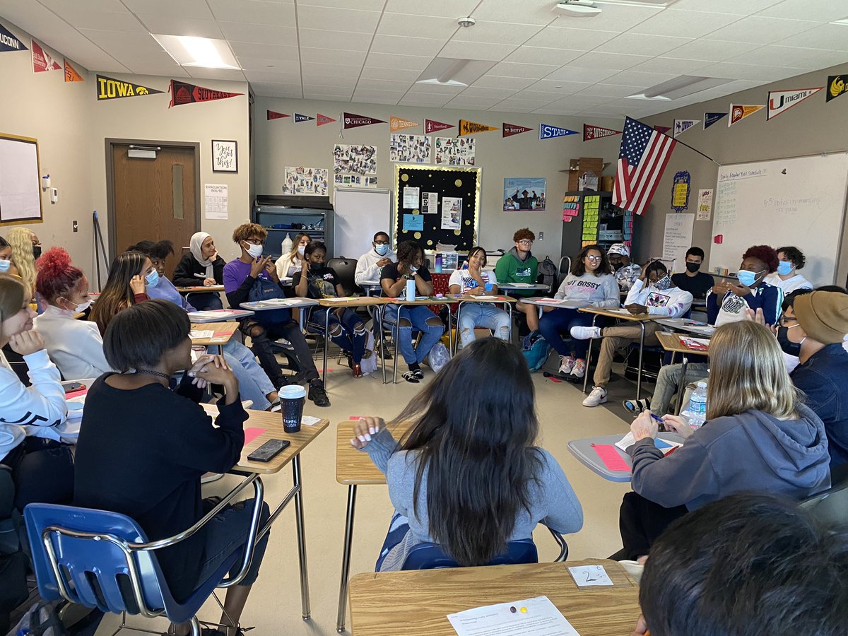 SeviBall's tweet photo. Socratic Seminars on technology addiction/overuse. My @HCPS_SumnerHS @HCPS_AVID scholars brought great questions, insight and ideas. I was so impressed by their student led discussion! #WICOR https://t.co/IQquyJFGMQ