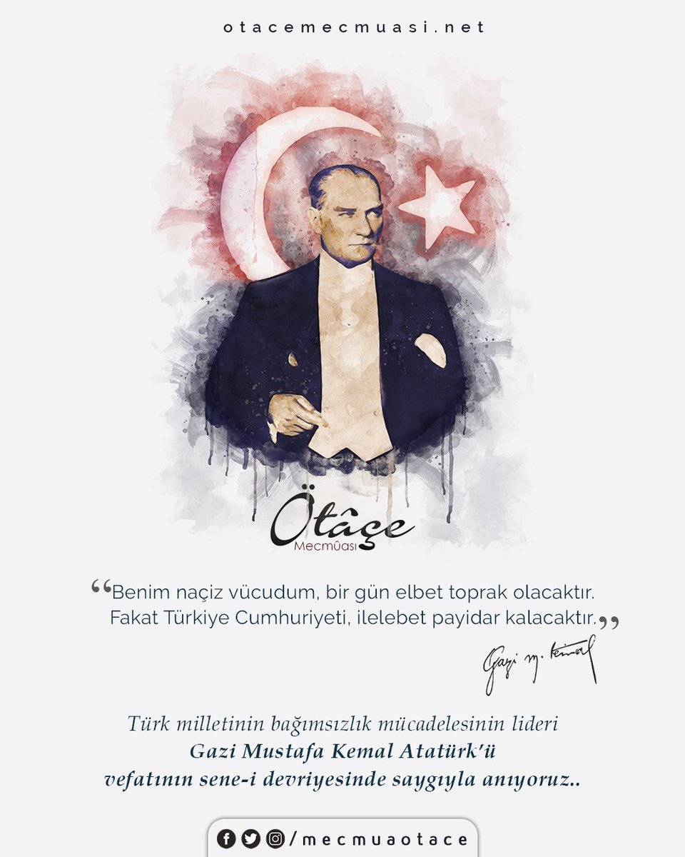 Türk milletinin bağımsızlık mücadelesinin lideri Gazi Mustafa Kemal Atatürk’ü vefatının sene-i devriyesinde saygıyla anıyoruz.. 

#Atamİzindeyiz #10Kasım #10Kasim1938 #Atatürk