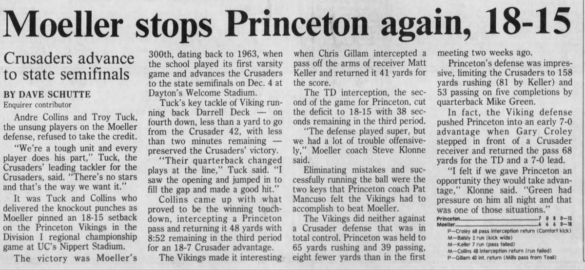 EnquirerShelby's tweet photo. Last time Moeller and Princeton met in the playoffs. 

@Enquirer from 11/21/93. 

Moeller won a defensive struggle, 18-15, in the D-I regional championship at Nippert Stadium. 

There was also a HUGE pre-holiday clearance sale at Swallen's that week. https://t.co/N47Dk705dv