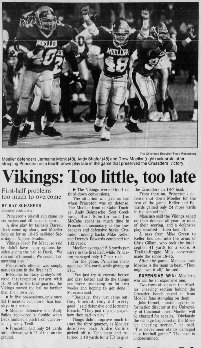 EnquirerShelby's tweet photo. Last time Moeller and Princeton met in the playoffs. 

@Enquirer from 11/21/93. 

Moeller won a defensive struggle, 18-15, in the D-I regional championship at Nippert Stadium. 

There was also a HUGE pre-holiday clearance sale at Swallen's that week. https://t.co/N47Dk705dv