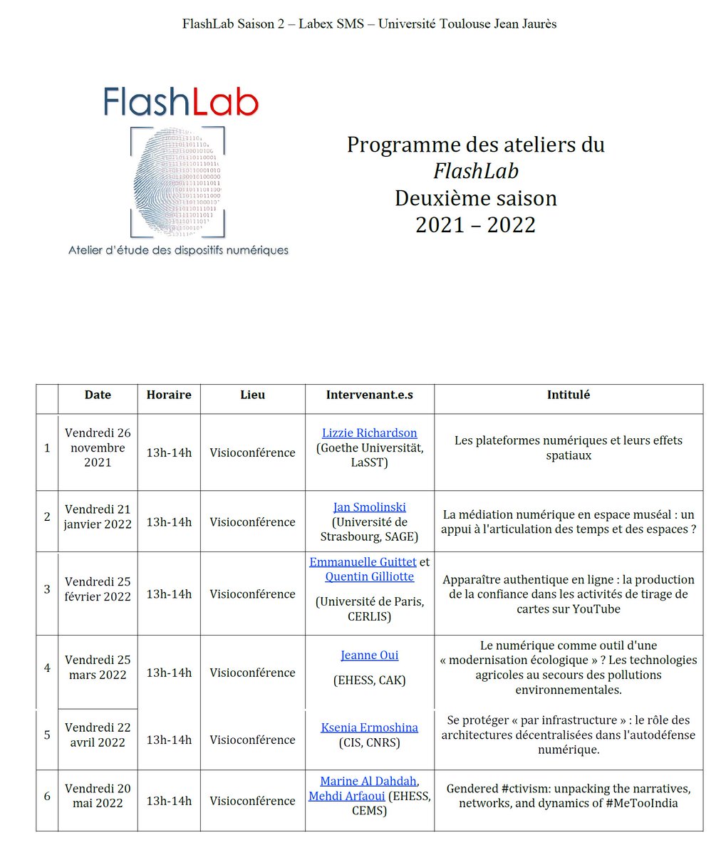 VicPotier's tweet photo. 📢Le programme tant attendu de la saison 2 du #FlashLab est enfin là ! 

👀Inscription et informations : flashlab@framalistes.org

N'hésitez pas à diffuser l'information, nous espérons vous y retrouver nombreux·ses !

@LabexSMS @Univ_Toulouse @mshstoulouse @MondesSociaux https://t.co/kl14344keZ
