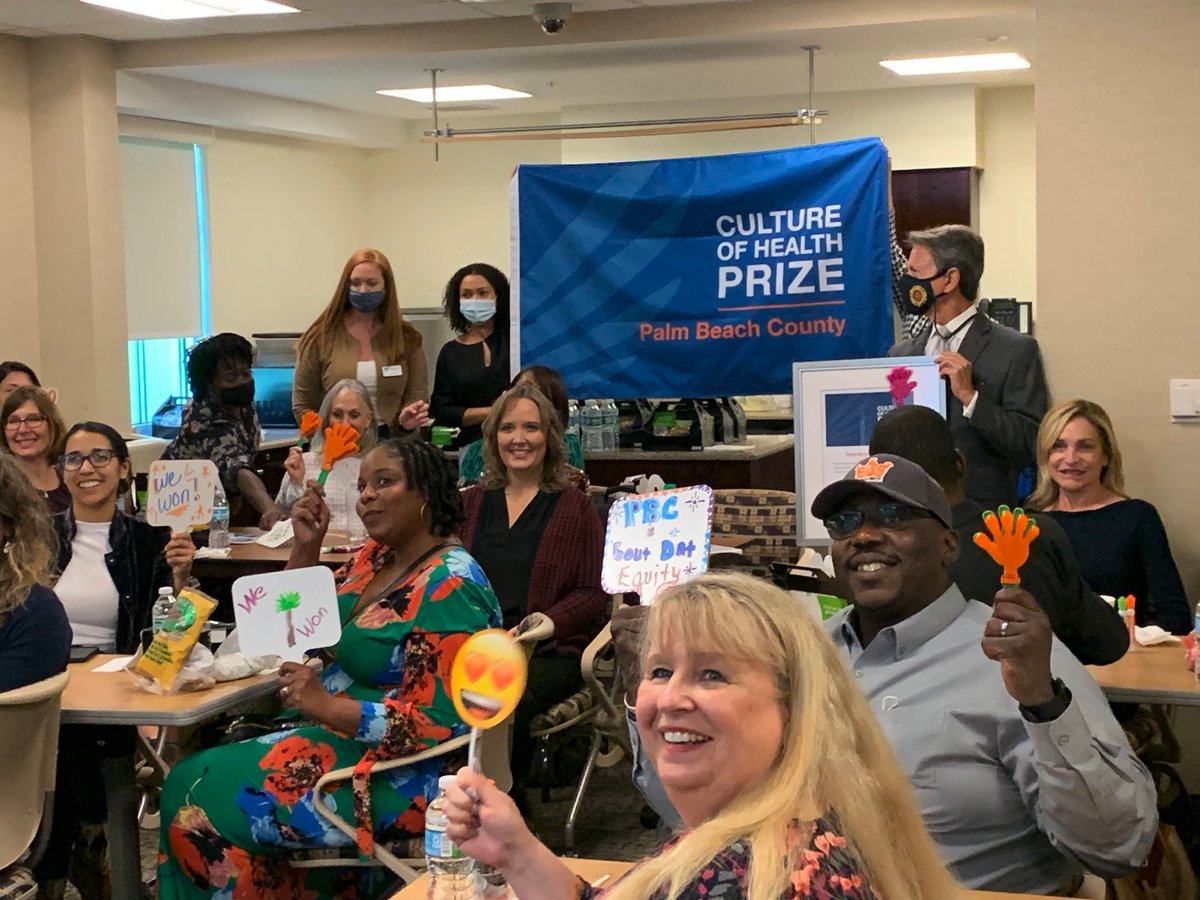 Enthusiastic supporters of prestigious @RWJF #CultureofHealthPrize gather with partners @PalmHealthFdn @PBCYSD @pbcgov @EjsProject #cscpbc. PBC one of 10 winners nationwide, of 200+ applications.