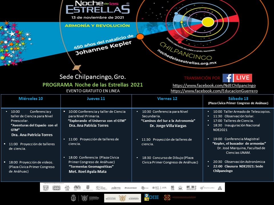 ChilpoNdeE's tweet photo. La fiesta Astronómica está a punto de comenzar 🤩🚀✨
Compartimos con ustedes el Programa de Noche de las Estrellas 2021 Sede Chilpancingo 
#NdE2021 #ArmoníayRevolución #Kepler450 https://t.co/MMZ0Bi21Gx
