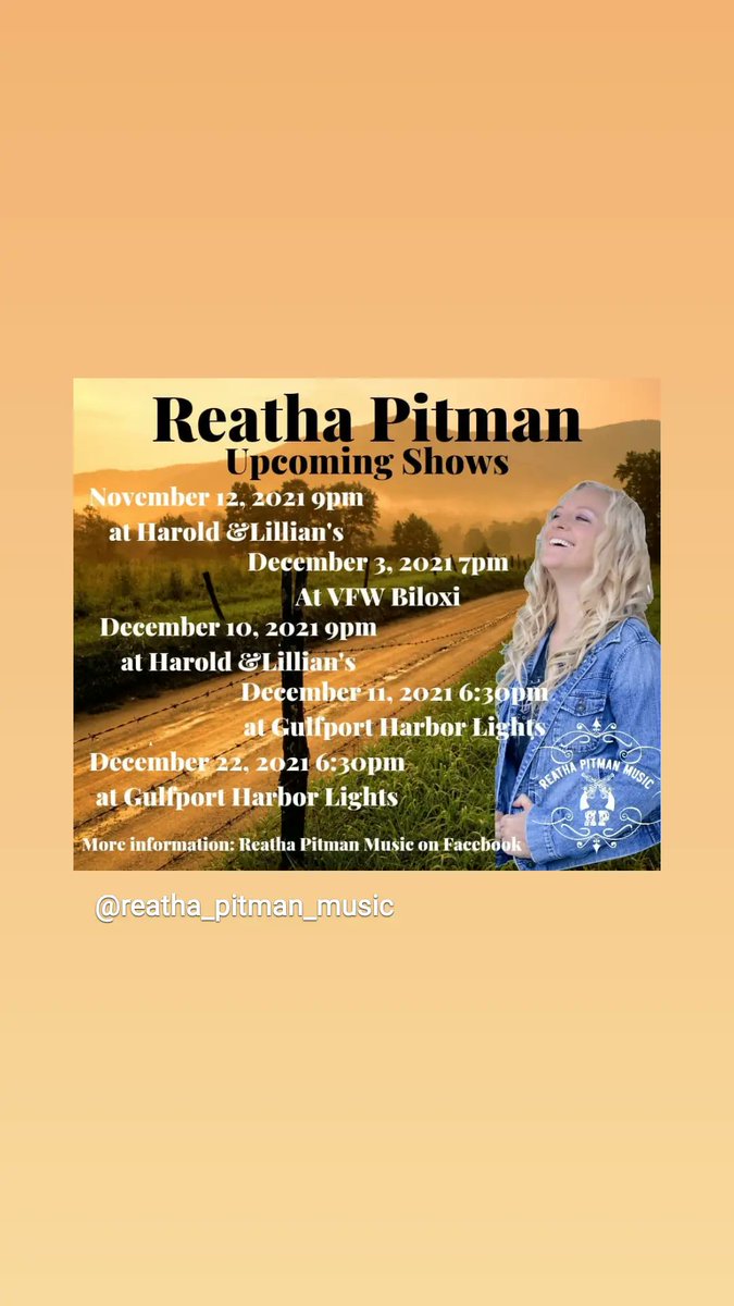 reatha_music's tweet photo. Upcoming dates! #reathapitmanmusic #livemusic #msgulfcoast #Southmississippi #gulfcoastms #baystlouis #baysaintlouis #hancockstrong #hancockcounty #countrymusic #independentartist #indie #November #December #supportlivemusic #supportindiemusic #supportsmallbusiness @MushmouthTb https://t.co/iTIsv1m3fh