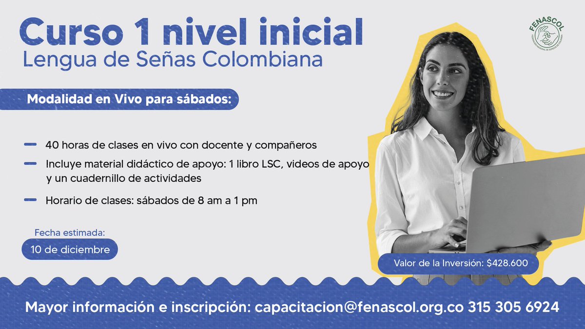 fenascol's tweet photo. ¿Quieres aprender Lengua de Señas Colombiana?
En Fenascol tenemos los siguientes cursos disponibles:
Mayor información e Inscripciones:
Correo: capacitacion@fenascol.org.co
Celular: 3153056924
#YoAprendoConFenascol #LSC #CursoLSC #LenguadeSeñasColombia #Comunicacion #Virtual https://t.co/LmP3kXKcy5