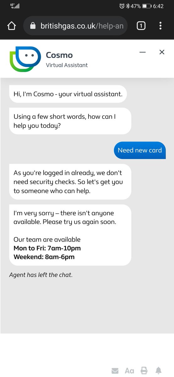Mattmadd2's tweet photo. @BritishGasHelp why is it that the chat never works says open till 10pm its not even 7pm and i cant get through on phone orderd new meter card on 1st now the 9th no card and have no gas its a joke https://t.co/xnZh1aDimK