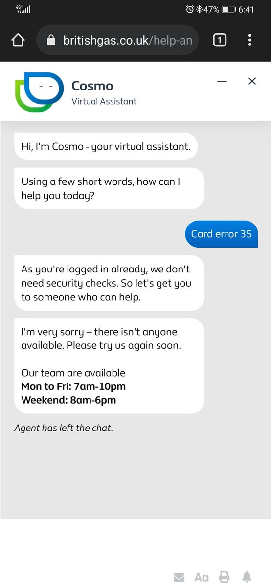 Mattmadd2's tweet photo. @BritishGasHelp why is it that the chat never works says open till 10pm its not even 7pm and i cant get through on phone orderd new meter card on 1st now the 9th no card and have no gas its a joke https://t.co/xnZh1aDimK