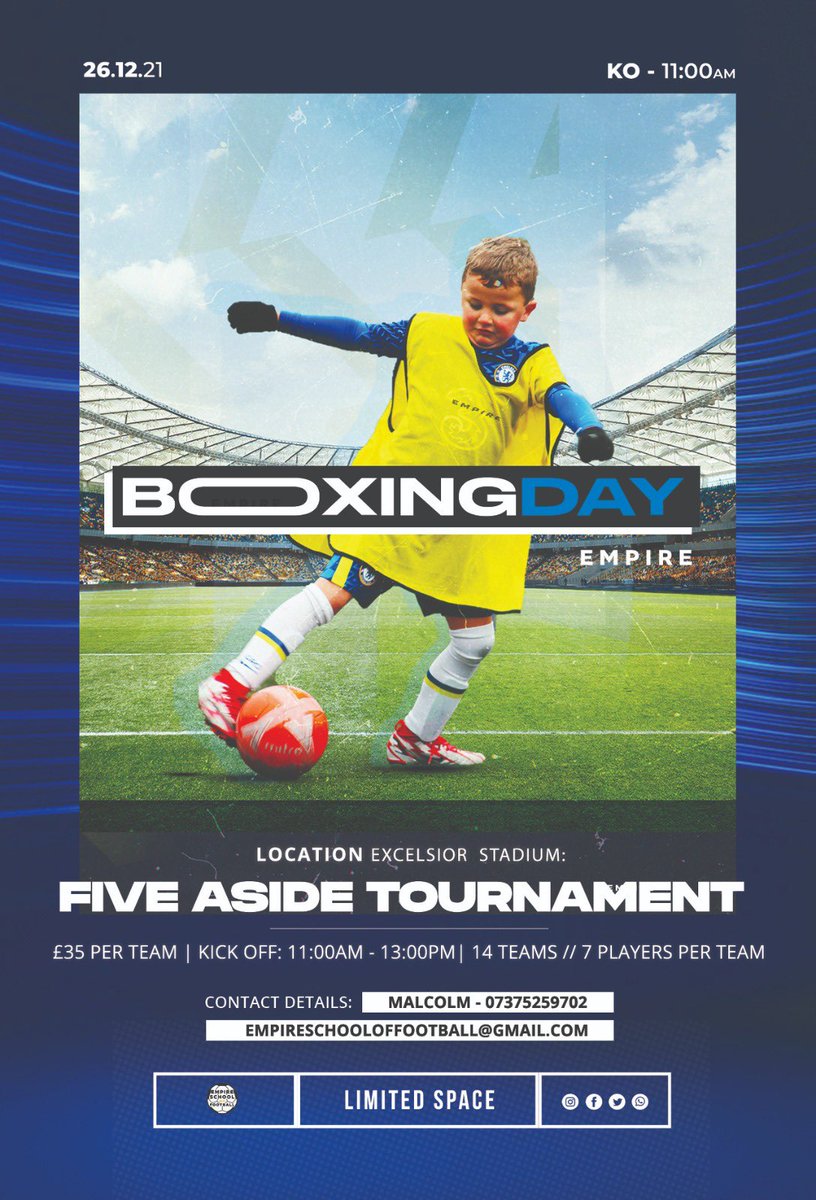 Empire_SOF's tweet photo. ⁣ ⚽️🚨 𝘽𝙤𝙭𝙞𝙣𝙜 𝘿𝙖𝙮 𝙏𝙤𝙪𝙧𝙣𝙖𝙢𝙚𝙣𝙩 🚨 ⚽️⁣
⁣
Get yourself involved this year with Empire’s Boxing Day Tournament ⁣

📆 - 26th December ⁣
⏰ - 11am to 1pm ⁣
📍 - Airdrie Stadium, ML6 8DE⁣
💰 - £35 per team ⁣
🔴 - Closing date 17th December https://t.co/IID7D8M9Uo