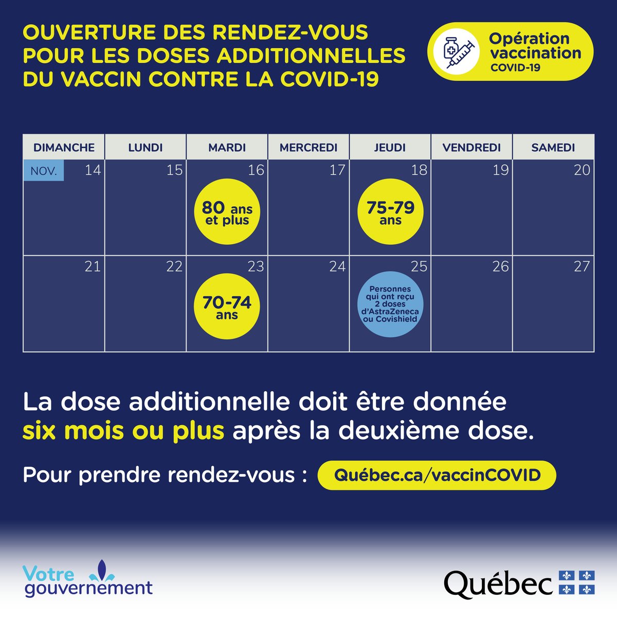 Mon collègue Christian Dubé a annoncé aujourd'hui de nouvelles consignes pour la vaccination au Québec. Une dose de rappel sera offerte aux personnes de 70 ans et plus ainsi qu'aux personnes ayant reçu deux doses d'AstraZeneca/Covishield. 

Pour tous les détails👇