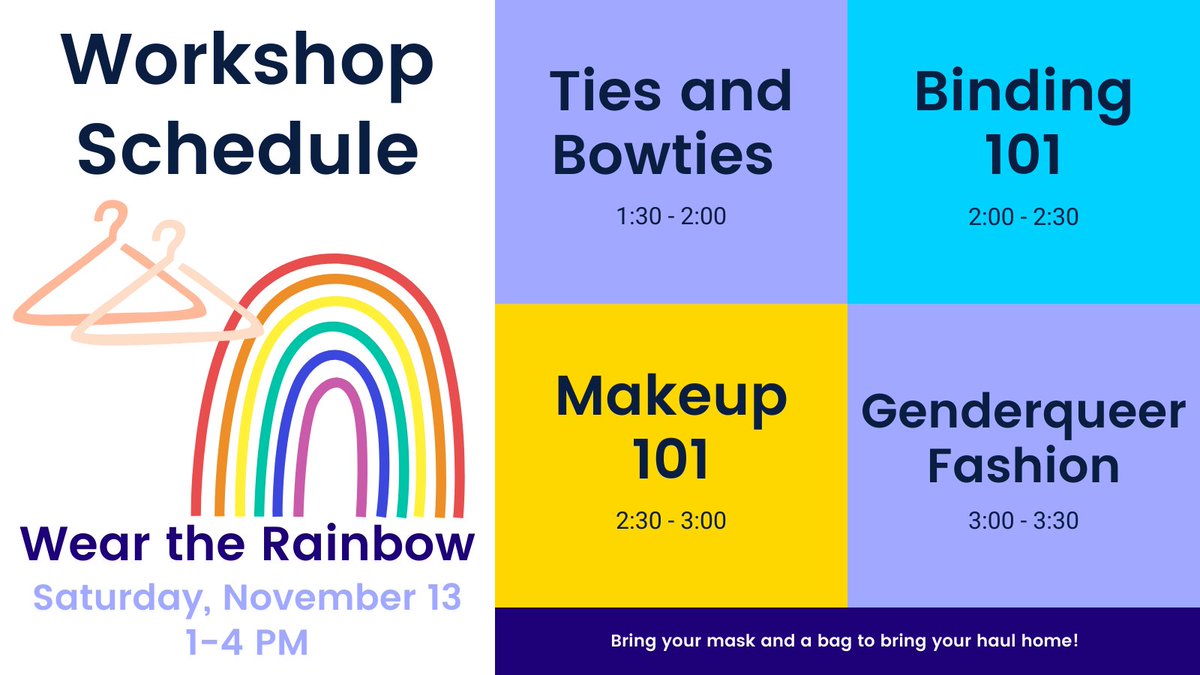 THIS SATURDAY! Join us for some fantastic skill-sharing workshops at Wear the Rainbow! Don't forget your mask and a bag to bring your haul home! More event info available on our Facebook page: facebook.com/events/3786419…