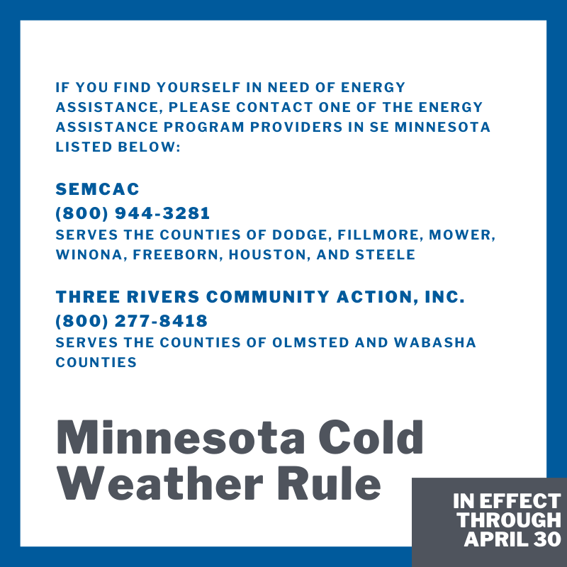Minnesota's Cold Weather Rule now runs from October 1 through April 30.  For more information, visit https://t.co/TwBgMrumHH. https://t.co/be63zMT6ud