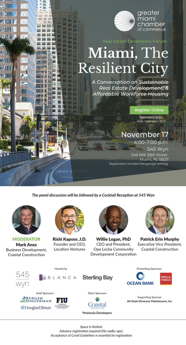 MiamiChamber's tweet image. Join us for our #DevelopersForum where we’ll be discussing sustainable #RealEstateDevelopment and affordable #WorkforceHousing. Register here: bit.ly/3D0CkmB