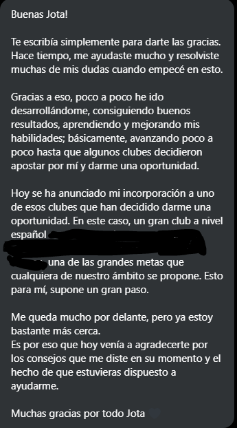 El otro día me llego este mensaje de un seguidor que hace un año me pidió varios consejos para mejorar. A día de hoy, ha conseguido su meta.  Siempre os digo que os puedo echar una mano y aquí una prueba de ello. 👏👏