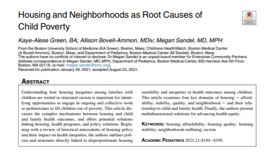 ChildrensHW's tweet photo. #ICYMI - Read our NEW @AcademicPeds research article, Housing and Neighborhoods as Root Causes of Child Poverty, co-authored by @KayeAlese, @AllisonBovell, @megansandel 

Read the article: https://t.co/46GlJ4156U

And follow our 🧵to learn more 👇🏽 https://t.co/u7zywd5Yc3