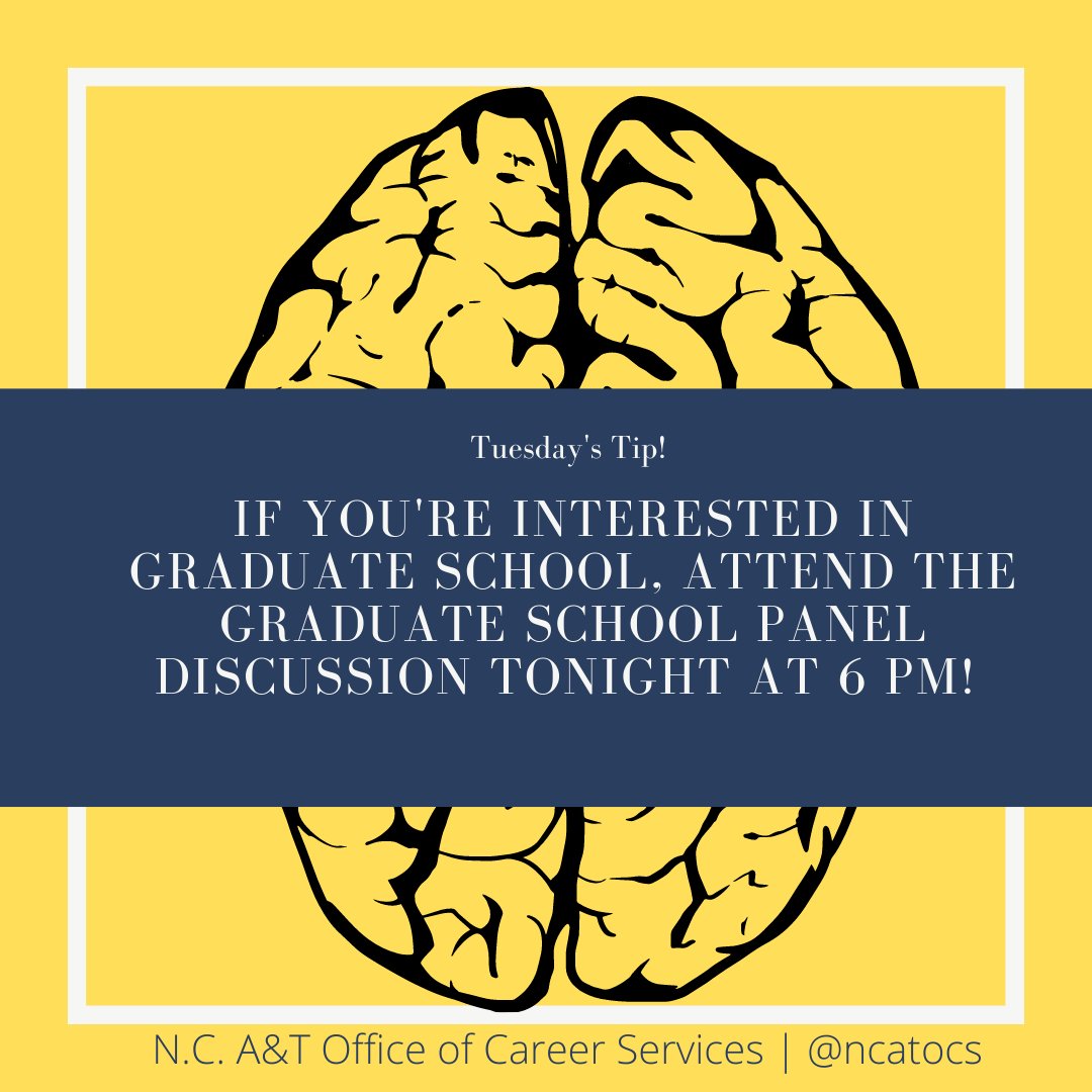 ncatocs's tweet photo. Happy Tuesday! Attend the Graduate School Panel Discussion tonight!#ncat21 #ncat22 #ncat23 #ncat24 #ncat25 #ncatsga #aggiepride #ncatocs #ncat #deesecobe #jomc #crosbykids #ncatcaes #ncatcahss #ncatchhs #ncatcost #ncatcoe https://t.co/b2jF0zMz7U