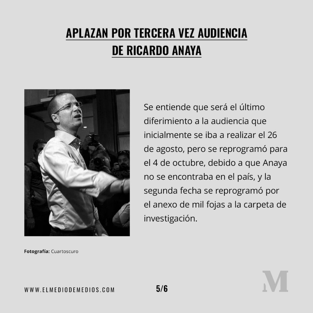 ElMedioDeMedios's tweet photo. Por tercera vez se aplaza la audiencia de Ricardo Anaya, la petición de la prórroga fue aceptada por los representantes de la FGR, de la Unidad de Inteligencia Financiera (UIF) y los representantes jurídicos de la Cámara de Diputados. https://t.co/YPLOgEvjiq