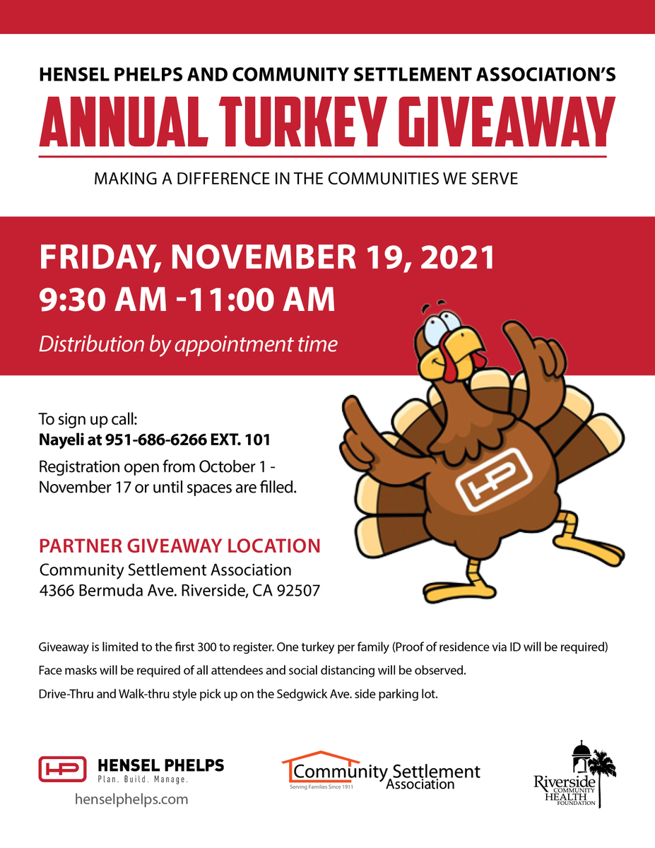 riversidecagov's tweet photo. With Thanksgiving around the corner, @HenselPhelps &amp; Community Settlement Assoc. will host their Annual Turkey Giveaway- Friday, Nov. 19th. This giveaway is limited to the first 300 to register and proof of residency is required.

To sign up, call: Nayeli at 951-686-6266 ext. 101 https://t.co/wAal4BzKEY