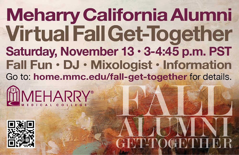 Hey Meharry alumni! Log in and join the Meharry California Alumni for a fun-filled virtual fall get-together, this Saturday, November 13th at 3pm PST. We hope to see you!  #meharrymade #Alumni